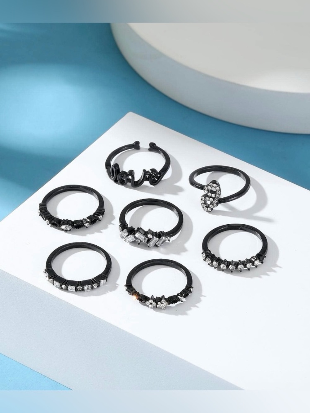 7pc Black Rhinestone Ring Set - Picture 3 of 9